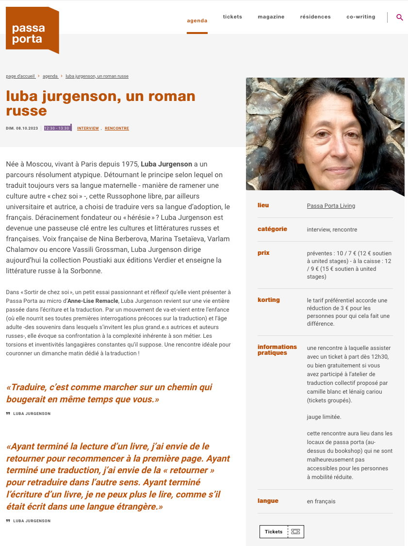 RC BIB page Internet. Passa Porta. interview, rencontre. Luba Jurgenson, un roman russe. 2023-10-08.jpg